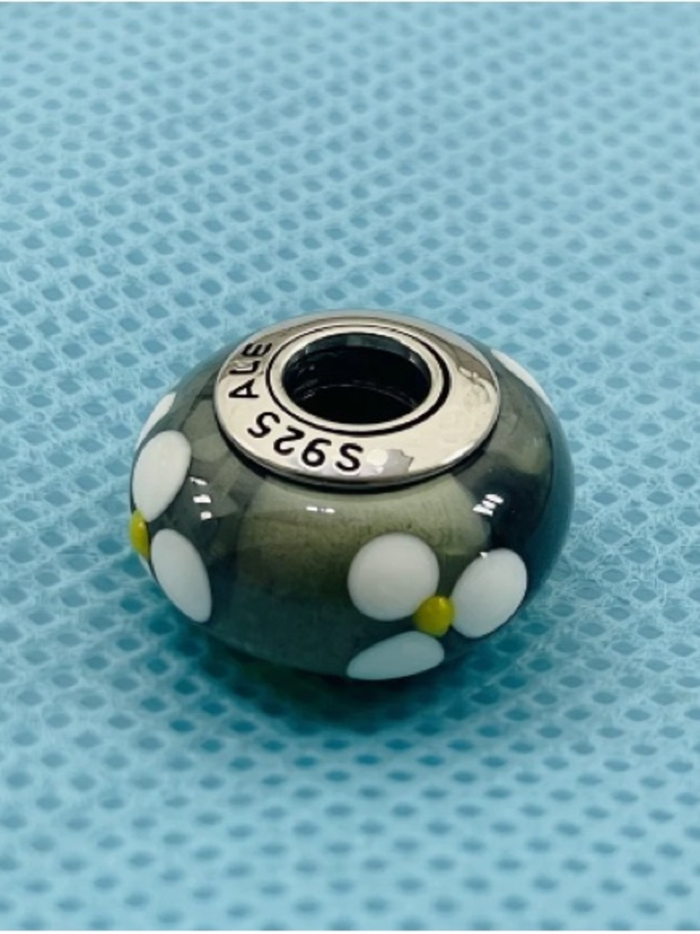 Sterling Silver 925 Gray Glass Daisy Charm Bead